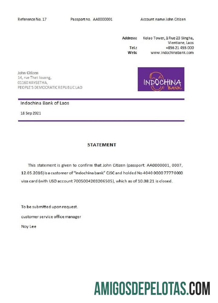 Referência de fechamento do banco Laos Indochina amostra